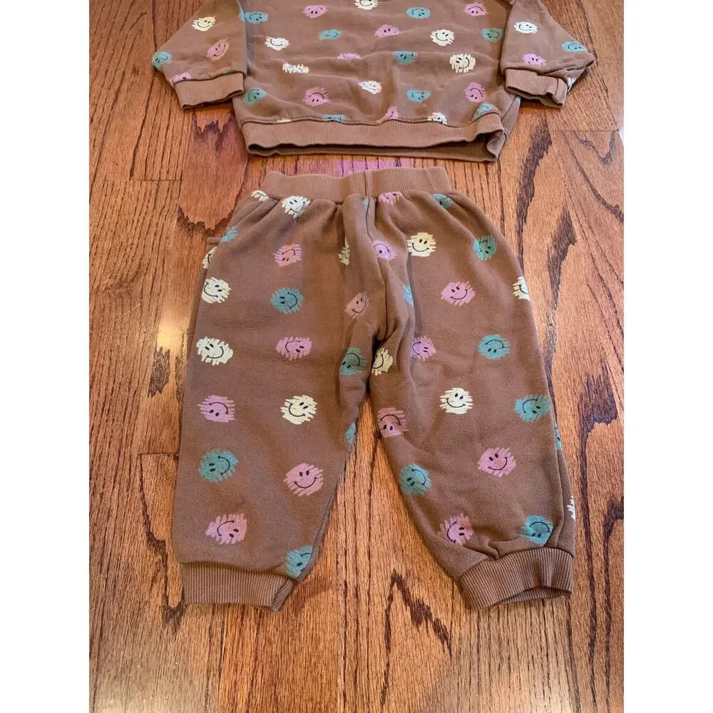 Smitn Bebe Scribble Happy Face Cotton Matching Sweatsuit Set | Brown | Small